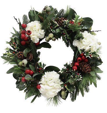 Faux White Hydrangea Holiday Wreath