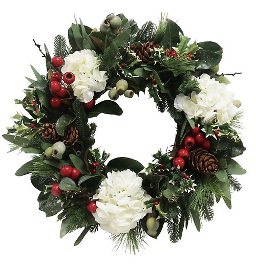 Faux White Hydrangea Holiday Wreath